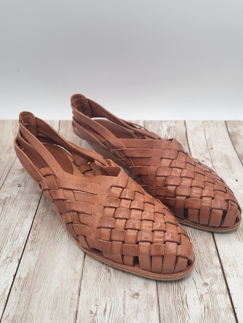 Woven Leather Slingback Flats in Brown